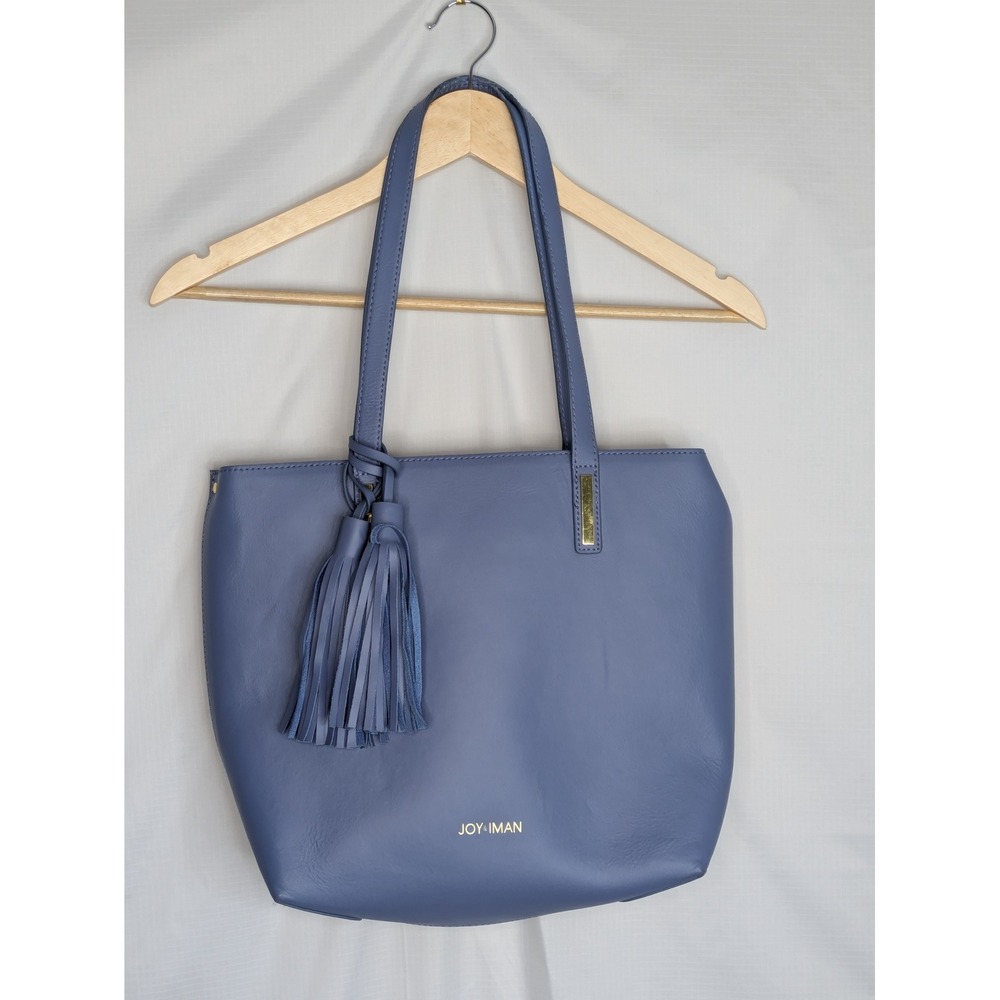 Joy & Iman Blue Faux Leather Tote Handbag Tassel Shoulder Bag w Matching Pouch